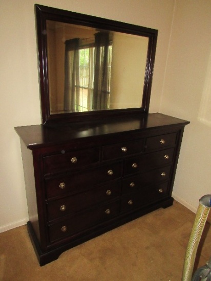 Dark Wooden Panel Design/Motif Dresser w/ Attached Mirror, 9 Drawers, Metal Pulls