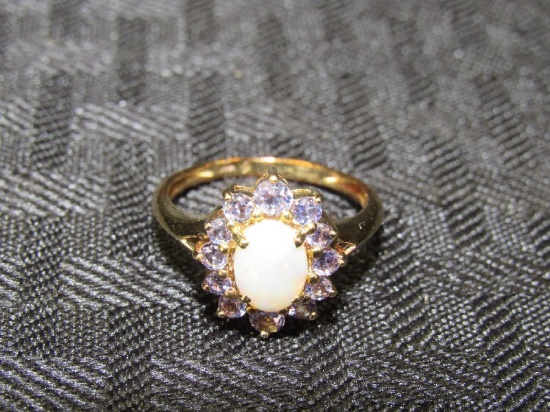 14k Thailand Stamped Ring Floral Design Opal Center, 12 Aqua Stars