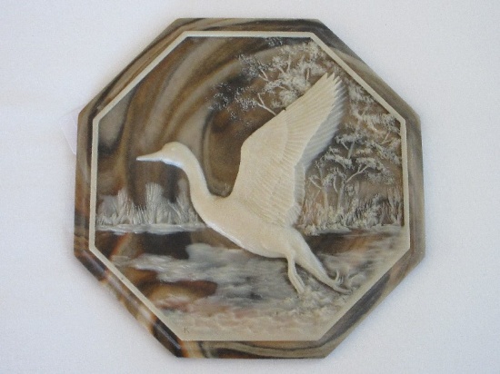 Incolay Stone Relief Duck in Middle Fight Octagonal Shape Wall Décor Plaque