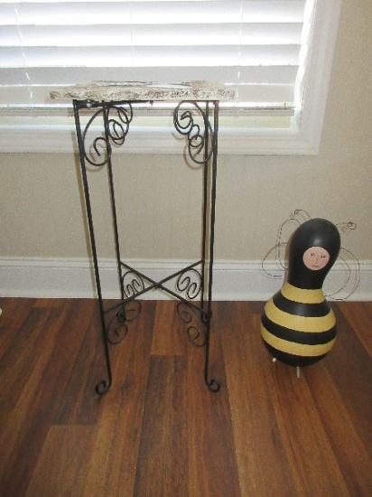 Wrought Iron Scrollwork Plant Stand w/ Faux Tile Insect Bumble Bee Top & Gourd Figural 16"