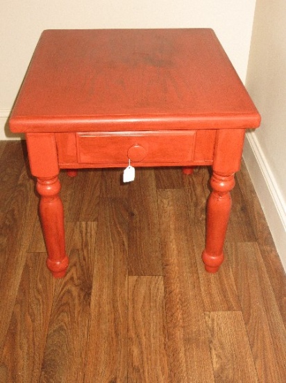 Cottage Farmhouse Oak End Table w/ Drawer Red Stained Finish