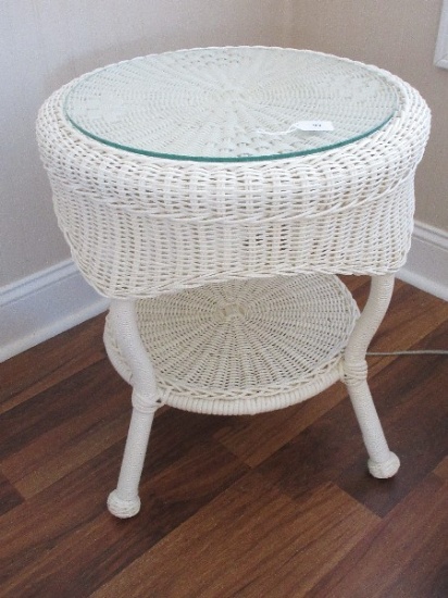 Traditional White PVC-All Weather End Table w/ Base Shell & Protective Glass Top