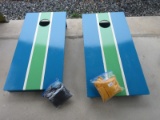 Cornhole Lawn Game Blue/Green Boards w/ White Stripes w/ 4 Yellow/4 Black Corn Hole Bags