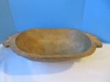Unique Hand Carved Wooden Dough Bowl w/ Foliage Carved Tab Handles