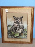 Hoot Owl Perched on Holly Limb Original Fine Art Chalk Picture Attributed to Signed Maury '84