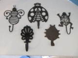 Figural 5 Whimsical Single Wall Metal Hooks Lady Bug, Bumble Bee, Filigree Frog, Etc.