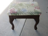 Queen Anne Style Wooden Base Footstool w/ Tropical Flowers & Foliage Upholstered Top