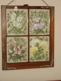 Vintage Wooden Window Frame w/ Hand Painted Wild Flower Glass Panes