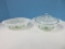 2 Glasbake Milk Glass Casseroles Green Daisies & Foliage Pattern Circa 1960's 1qt Oval