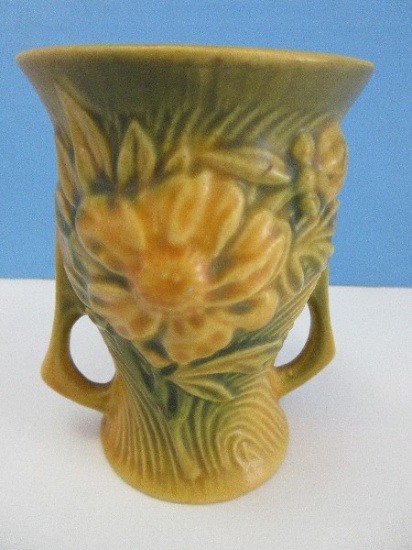 Roseville Pottery Peony Pattern 4" Vase Embossed Large Yellow Flowers