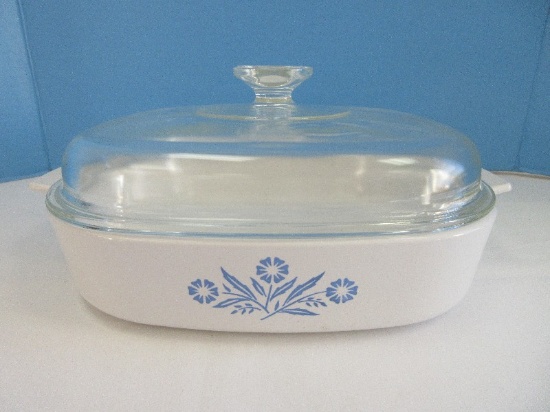 Corningware Blue Corn Flower Pattern 9 3/4" Square 2" Casserole w/ Glass Lid