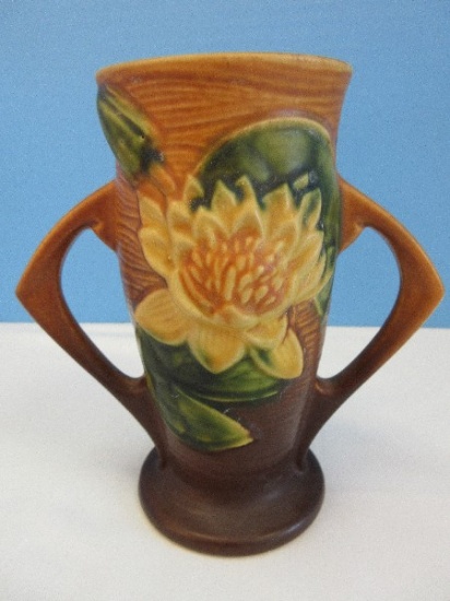 Roseville Pottery Water Lily Pattern 6" Art Deco Style Double Handle Cylinder Form Vase