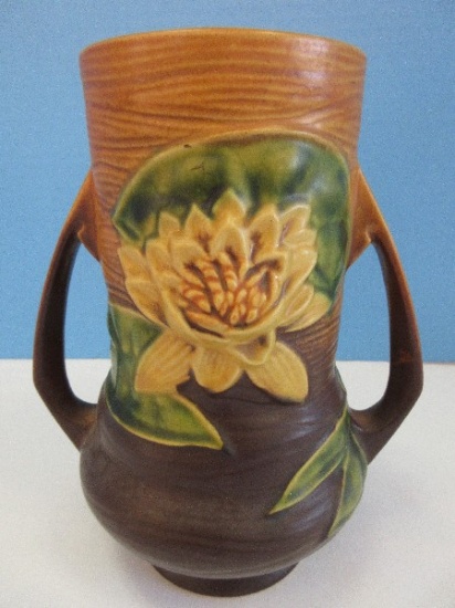 Roseville Pottery Water Lily Pattern 8" Bulbous Vase Double Handle Yellow Flowers