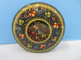 Russian Lacquer Round Trinket Box Ornately Adorned Floral Design