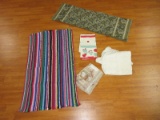Group - Lace Shower Curtain, 2 Vintage Dish Towels, Tapestry Table Cloth, Rag Rug, Etc.