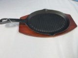 Cast Iron Oval Handled Skillet Pan w/ Wooden Base