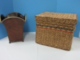 2 Pieces - Hanging File Decorative Basket w/ Lid & Tin Waste Bin Craquelure Patina Gilt Trim