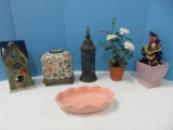 Group - Silk White Rose Bush in Terra Cotta Pot, Pink Pottery Abingdon Console Bowl