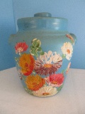Ransburg Pottery Vintage Hand-Painted Crock Cookie Jar w/ Lid Floral Bouquet Blue Background