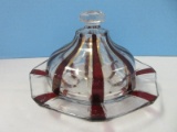 Antique Pressed Glass Dome Covered Butter Dish Ruby Flash/Gilted Stripe Design