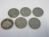 6 Jefferson Nickel Coins Pre-War Composition 5 Cents 1948, Two are 1951 One w/ Denver Mint