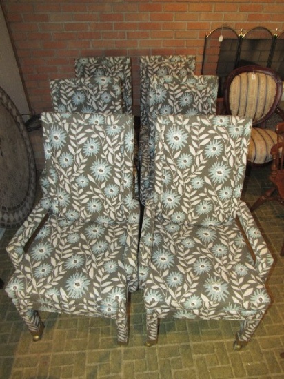 6 Grey/White, Blue Floral Upholstered Chairs on Casters, 2 Host, 6 Sides