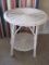 Vintage Painted White Wicker Center/Round Side Table w/ Base Shelf Braided Trim Accent