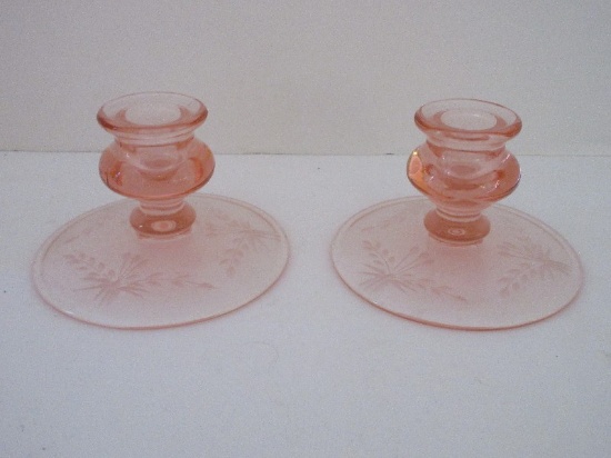 Pair - Pink Depression Etched Base 3" Single Candlesticks