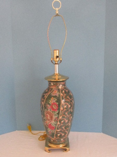 Stately Semi-Porcelain 32" Vase Form Table Lamp Hand Decorated Floral Sprays