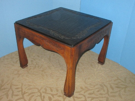 Rare Find Bunching Table Chinoiserie Style Carved Foliage Design Simulated Slate Insert