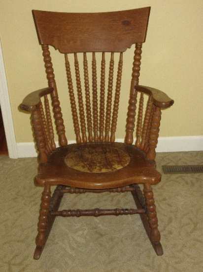 Scarce Find Remarkable Early Ball Design Curved High back Oak Rocker Rocking w/ Cushion