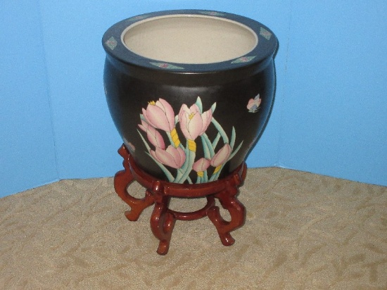 Unique Chinoiserie Stoneware Jardinière Planter Hand Painted Crocus in Bloom