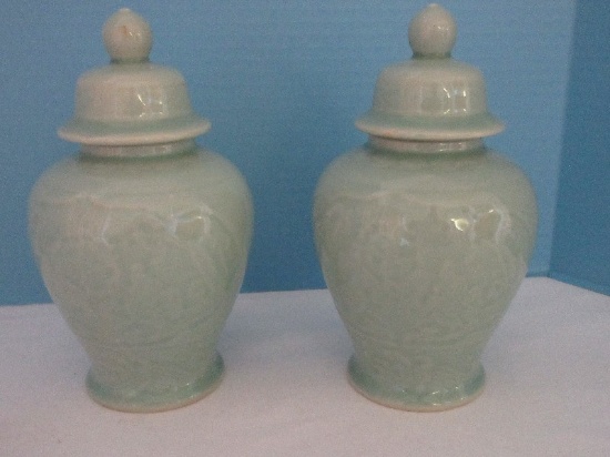 Pair - Celadon Embossed Semi-Porcelain Ginger Jars w/ Lids