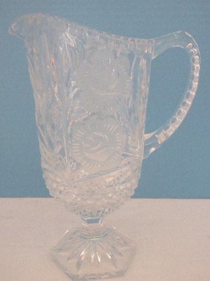 Lead Crystal Etched Rosebuds & Foliage Pattern Stem 10 1/2" Hexagonal Base Pitcher