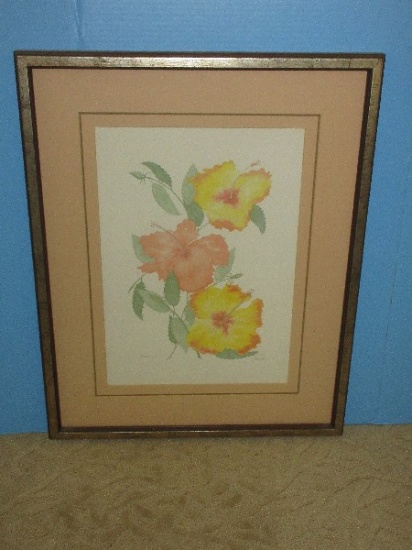 Titled "Hibiscus" Botanical Tropical Flowers Fine Art Lithograph Attributed to Artist
