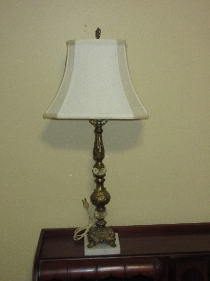Ornate Brass Tone 26" Rococo Style Table Lamp w/ Faceted Crystal Accents