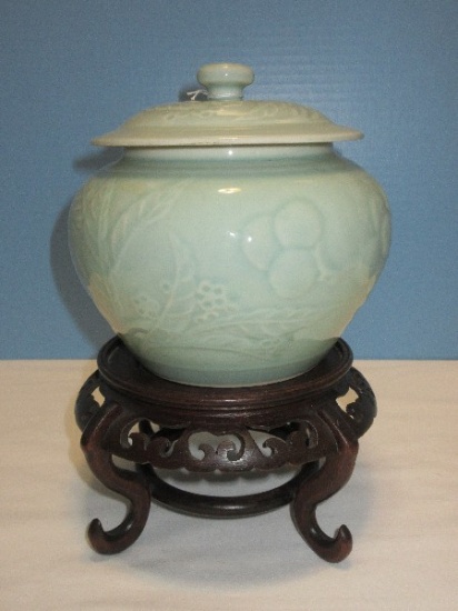 Semi-Porcelain Celadon Bulbous Form Covered Jar Vessel Relief Foliage, Flower