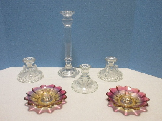 Collection of Candlesticks Crystal 11" Column, Pair Iridescent Carnival Glass Marigold