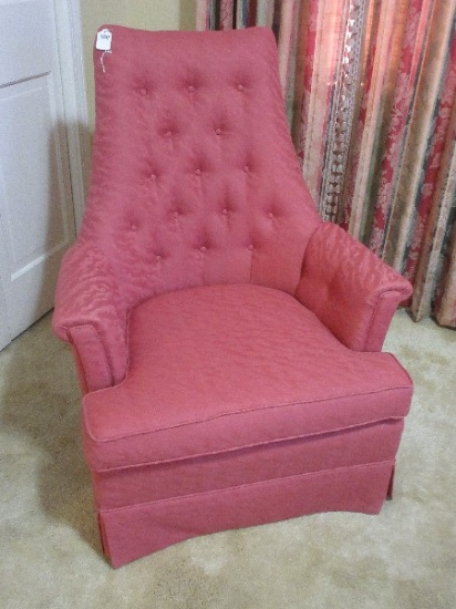 Mid-Century Style Curved Tufted Back Occasional Arm Chair w/ Pleated Skirt
