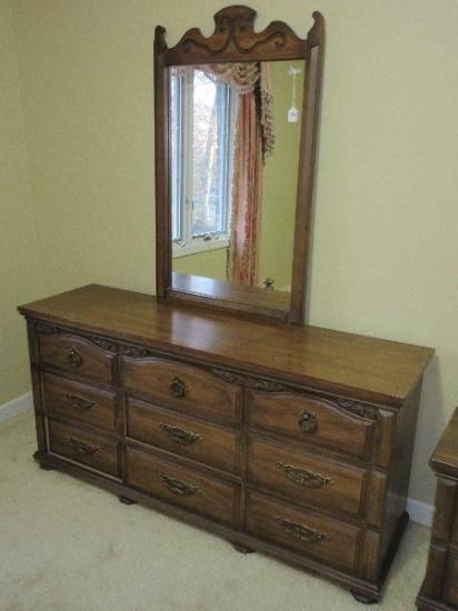 Bassett Furniture Pecan Finish Triple Dresser w/ Framed Attached Mirror
