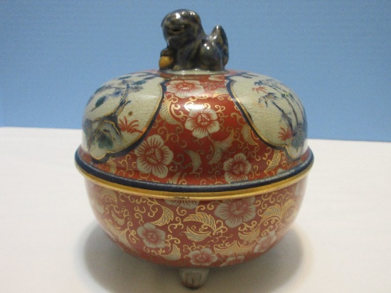 Scarce Find  Imari Footed Round Pottery Bowl w/ Lid Hand Painted Bamboo Landscape