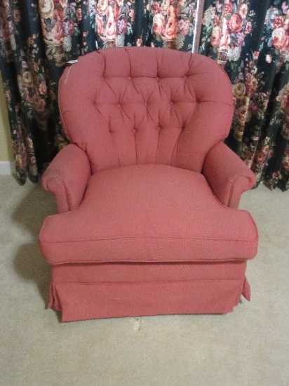 Occasional Swivel Rocking Arm Chair Mauve Upholstery, Tufted Back & Pleated Skirt