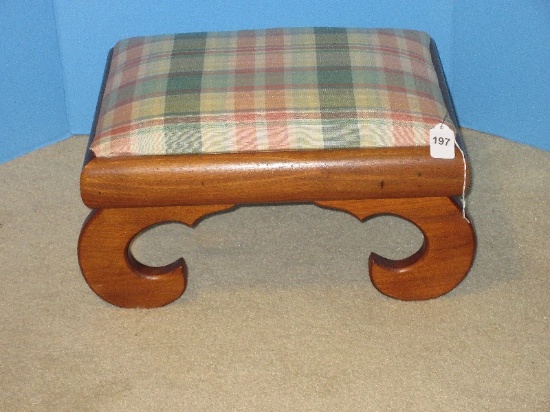 Asian Design Walnut Curved Legs Footstool w/ Pastel Plaid Upholstery Top