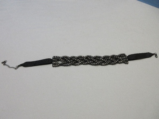 Striking Sparkling Rhinestone & Black Bead Intertwined Choker w/ Satin Ribbon
