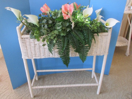 White Wicker Planter Box Stand w/ Greenery Silk Plants & Flowers