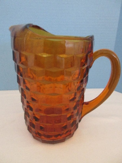Colony Pressed Glass Amber Whitehall Pattern Amber Stacked Cube Design 8" Picher
