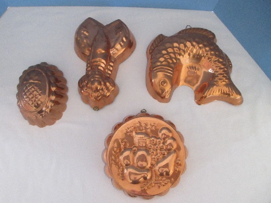 4 Bengamin & Medwin Co. Copper Gelatin Jello Molds Lobster Fish, Pineapple & Fruit Designs