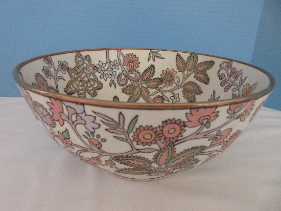 Elaborate Semi-Porcelain Footed Round 10" D Bowl Oriental Incised Wild Flowers