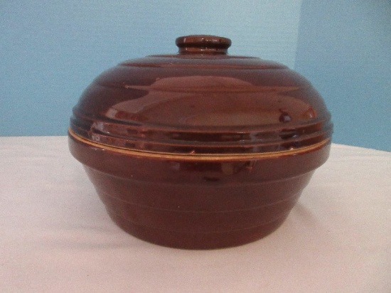 Stoneware Covered Baking Dish/Roaster Brown Glaze Base Embossed USA