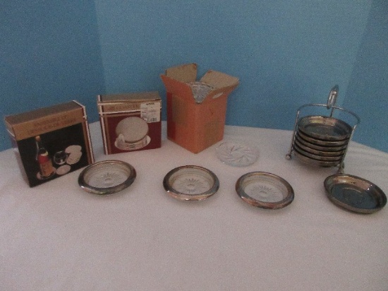 Group - Crystal Coasters, 2 New Boxes Silverplated Engraved Design Coasters w/ Stand